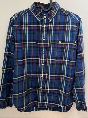 Ralph Lauren Navy & Green Plaid Button-Down Shirt 100% Cotton